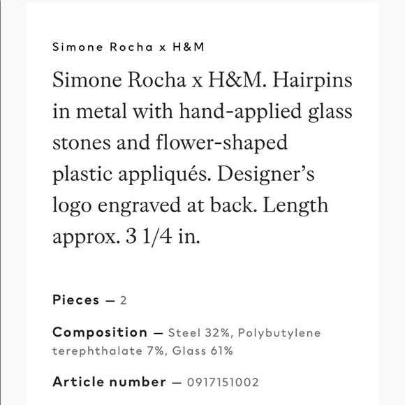 Simone Rocha X H&M 2-pack Decorated Hairpins - Picture 8 of 8